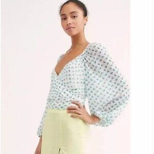 Free People Cream Combo Sweetie Pie Floral Sheer Mesh Wrap Top Large EUC